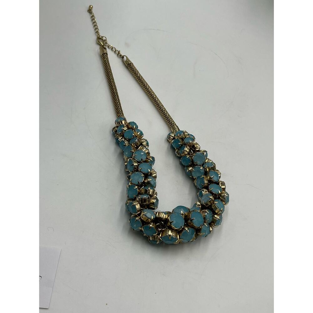 Gold Tone Rope Chain Prong Set Faceted Blue‎ Rhinestone Necklace - Picture 8 of 9